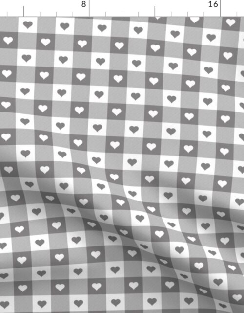Pewter and White Gingham Check with Center Hearts Medallions in Pewter and White Fabric
