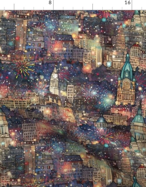 Philadelphia at New Year’s in Watercolors with Fairy Lights and Landmarks Fabric