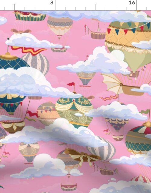 Pink Vintage Ornamental Winged Hot Air Helium Balloons in Clouds Race Fabric