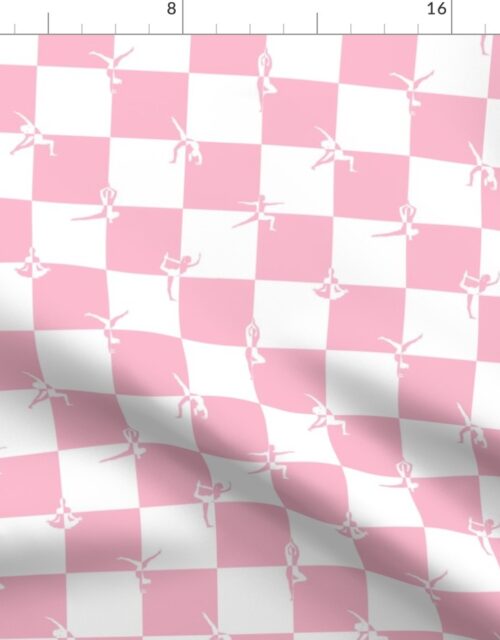 Pink and White Checkerboard Check with Yoga Poses Fabric
