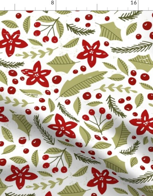 Poinsettias and Bay Laurel and Evergreen Sprigs and Holly Leaves Jumbo Pattern on White Fabric