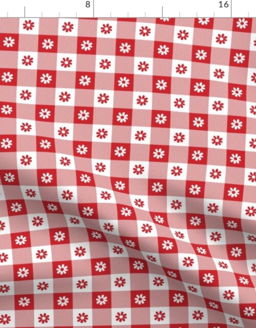 Poppy Red  and White Gingham Floral Check with Center Floral Medallions in Poppy Red and White Fabric