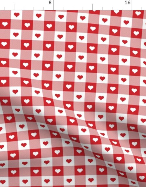 Poppy Red and White Gingham Valentines Check with Center Heart Medallions in Poppy Red and White Fabric