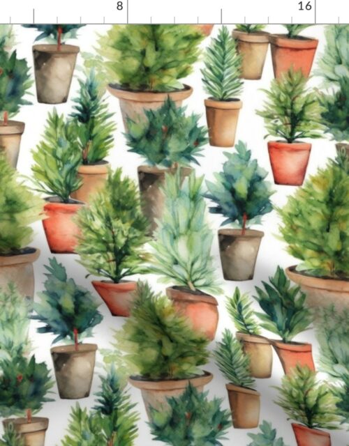 Potted Fir and Evergreen Tree Plants Watercolor Fabric