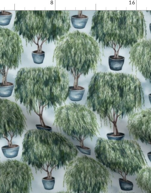 Potted Green  Baby Weeping Willow Tree Plants Watercolor on Pale Blue Fabric