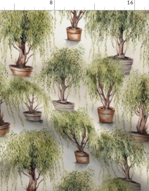 Potted Green  Baby Willow Tree Plants Watercolor Fabric