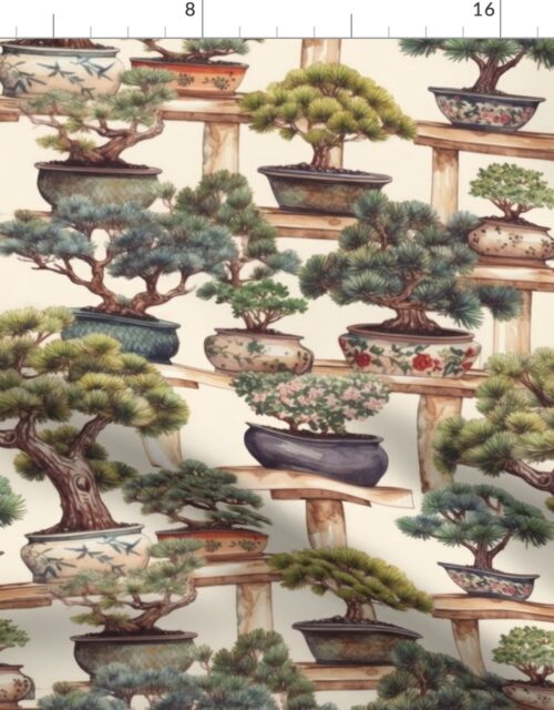 Potted Japanese Bonsai Trees Watercolor Fabric