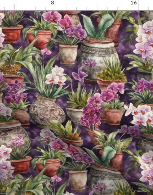 Potted Orchid Plants Watercolor Fabric