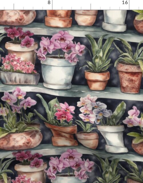 Potted Orchid Plants Watercolor on Shelves Fabric