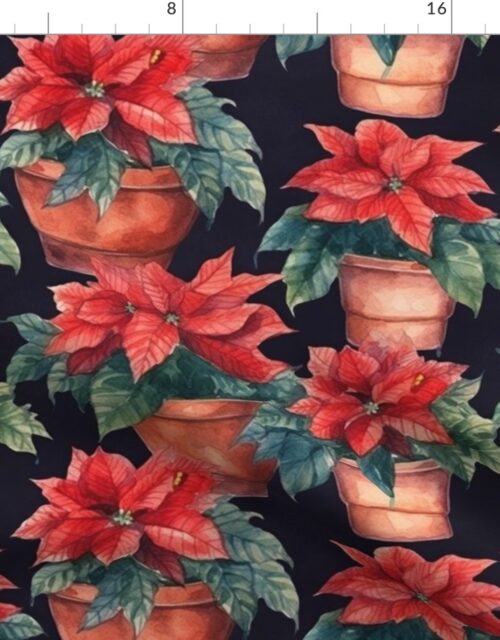 Potted Red Christmas Poinsettias Watercolor on Black Fabric