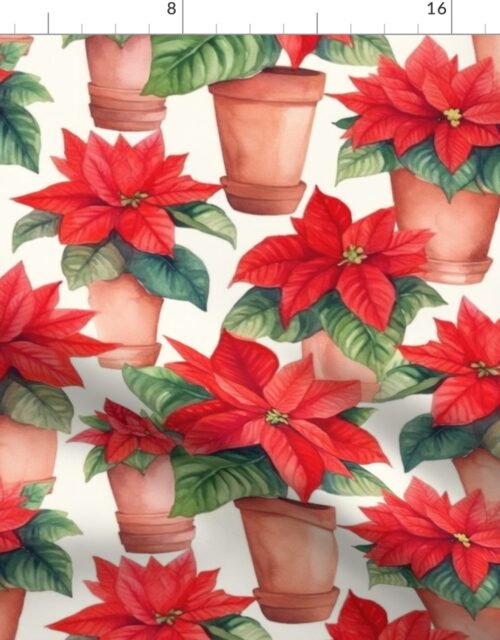 Potted Red Christmas Poinsettias Watercolor on White Fabric
