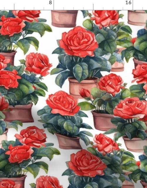 Potted Red Rose Plants Watercolor Fabric