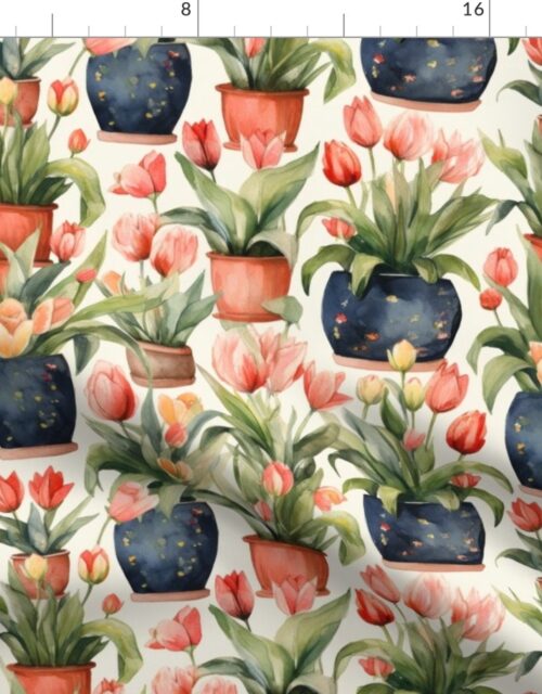 Potted Red Tulip Plants Watercolor Fabric