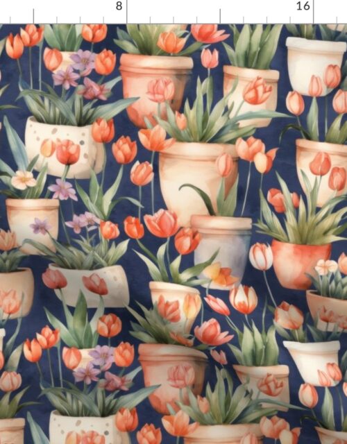 Potted Red Tulip Plants Watercolor on Blue Fabric