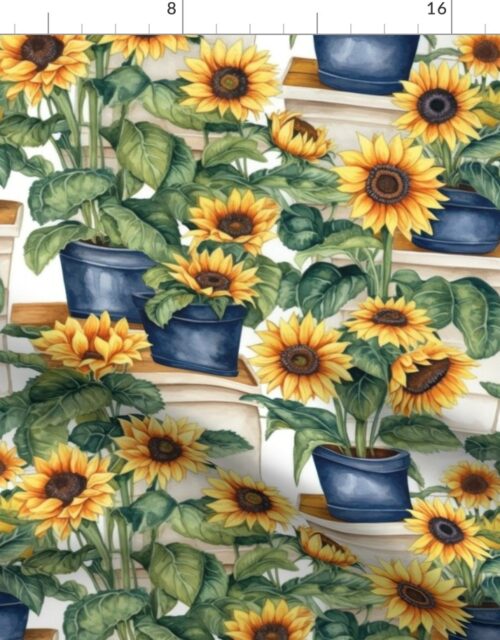 Potted Yellow Sunflower Plants Watercolor Fabric