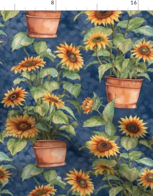 Potted Yellow Sunflower Plants Watercolor on Blue Fabric