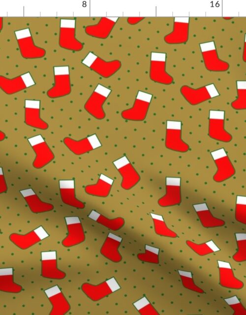 Red Christmas Stockings with Green Dots on Gold Fabric
