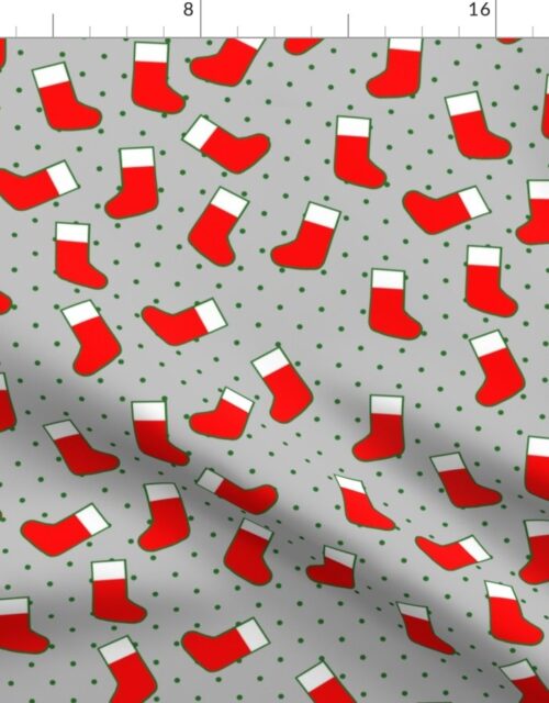Red Christmas Stockings with Green Dots on  Silver Fabric