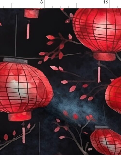 Red Glowing Chinese Paper Lanterns Watercolor Fabric