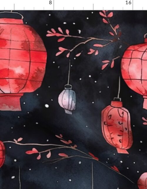 Red Glowing Chinese Paper Lanterns Watercolor Fabric