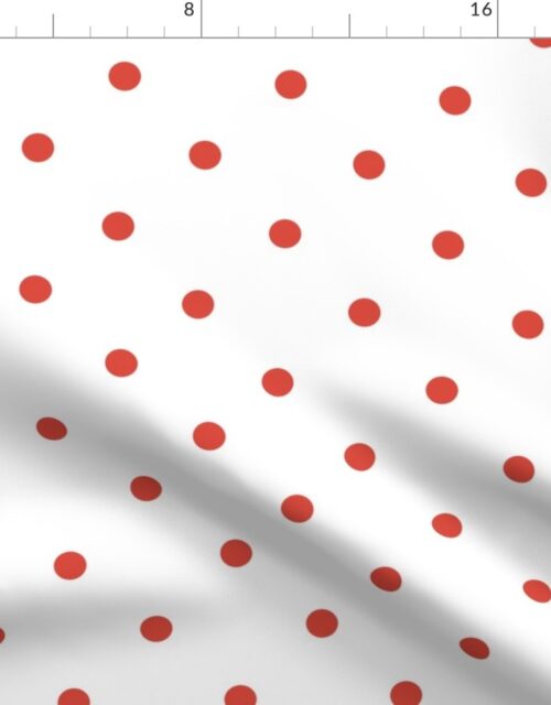 Red Vermillion Polka Dots on Vintage Christmas Snowy White Fabric