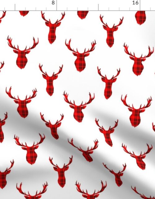 Red and Black Tartan Silhouetted Buck Deer Trophy Heads with Antler Racks Mounted on White Fabric