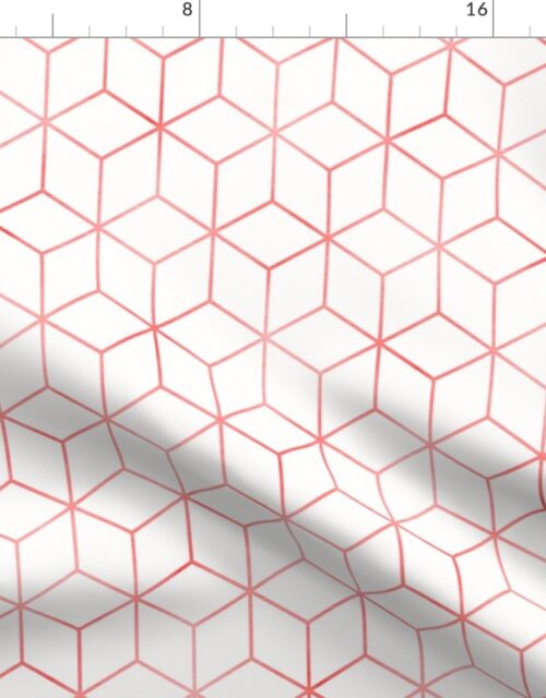 Red and White  Faux Metallic Silver Art Deco 3D Geometric Cubes Fabric