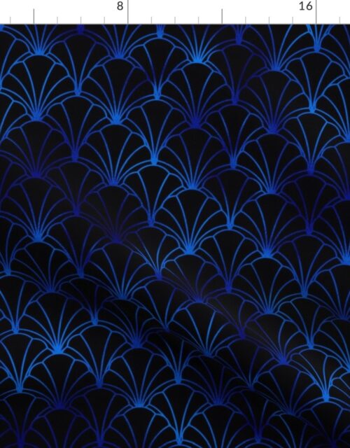 Scallop Shells in Black and Classic Blue Art Deco Vintage Faux Foil Pattern Fabric