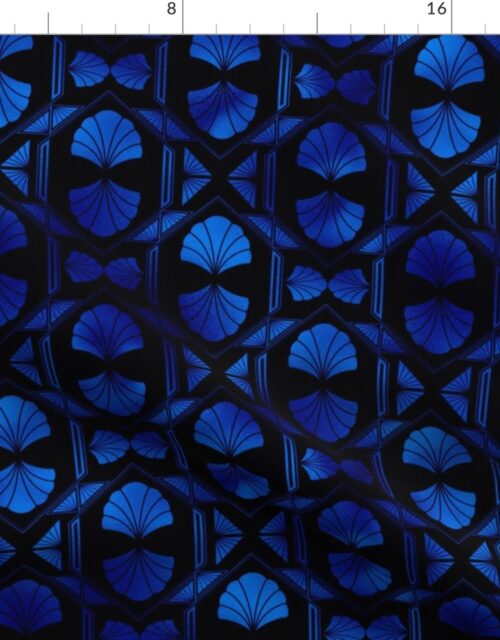 Scallop Shells in Black and Classic Blue Art Deco Vintage Faux Foil Pattern Fabric