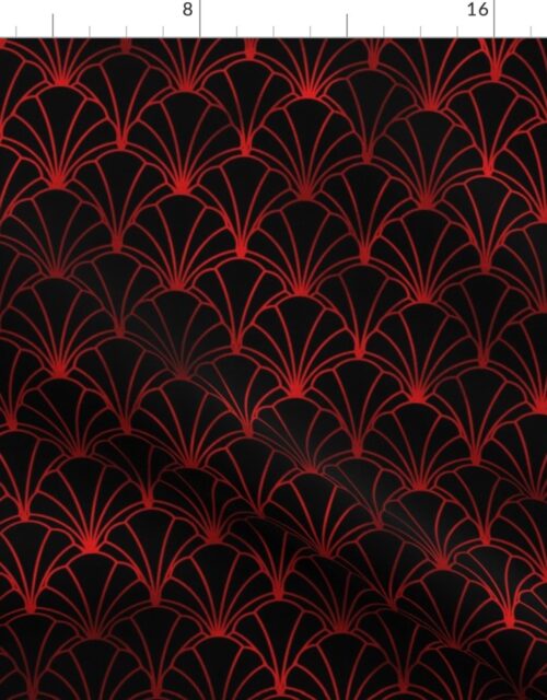 Scallop Shells in Black and Ruby Red Art Deco Vintage Faux Foil Pattern Fabric