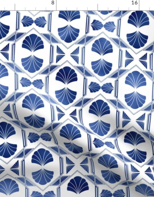 Scallop Shells in Blue and White Art Deco Vintage Foil Pattern Fabric