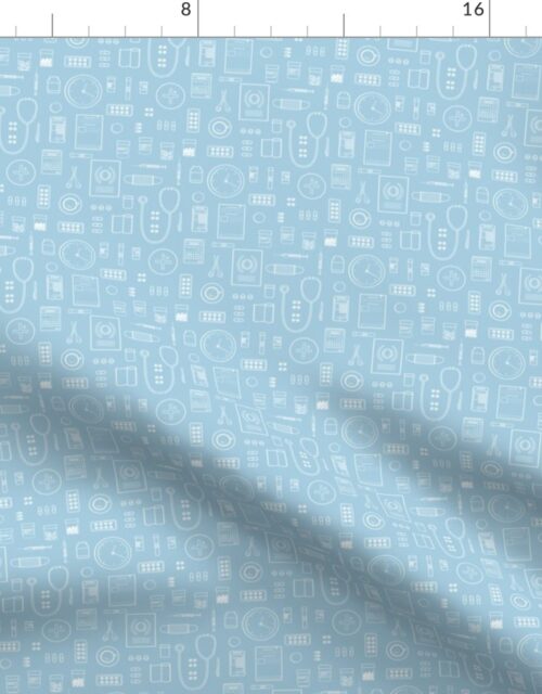Scrubs Blue with White Outlined Drawings of Medical Symbols Fabric