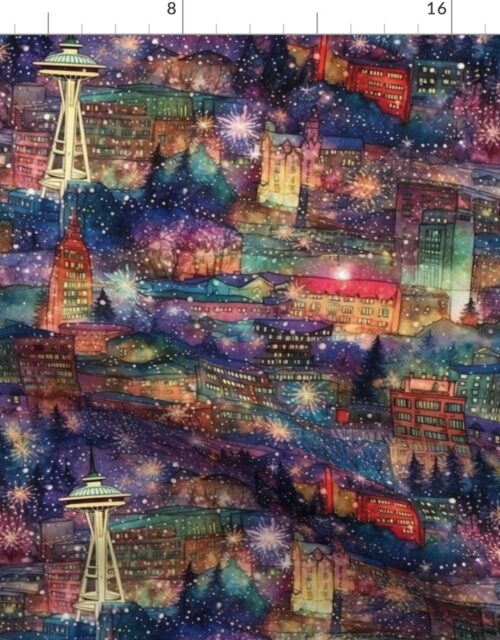 Seattle at New Year’s in Watercolors with Fairy Lights and Landmarks Fabric