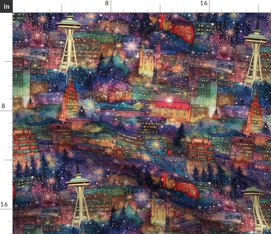 Seattle at New Year's in Watercolors with Fairy Lights and Landmarks Fabric