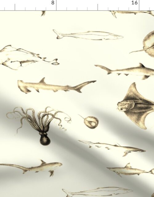 Sharks, Rays, Cephalopods and Squid in Vintage Sepia on Parchment Cream Fabric