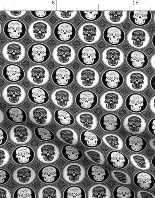Small Black and White Skulls Calaveras Day of the Dead Dia de los Muertos Fabric