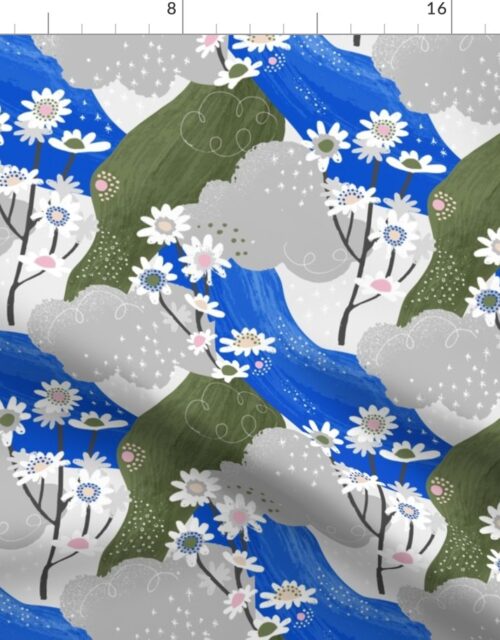 Small Blue and White Daisies Abstract Seamless Repeat Pattern Fabric