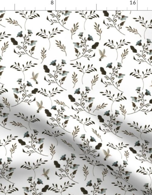 Small Bluebells and Bluebirds on Natural White Fabric