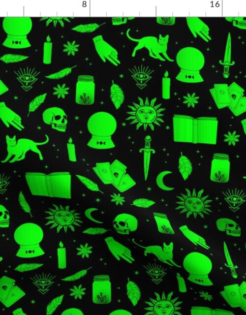 Small Bright Dayglo Green Halloween Motifs Skulls, Spells & Cats on Spooky Black Fabric