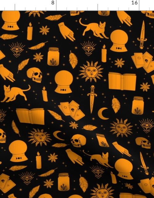 Small Bright Dayglo Orange Halloween Motifs Skulls, Spells & Cats on Spooky Black Fabric
