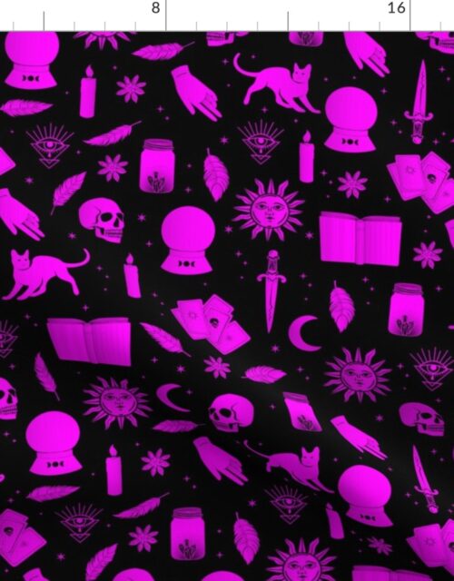 Small Bright Dayglo Pink Halloween Motifs Skulls, Spells & Cats on Spooky Black Fabric