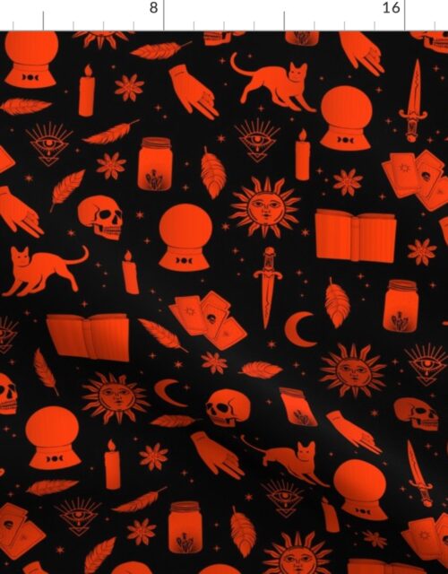 Small Bright Dayglo Red Halloween Motifs Skulls, Spells & Cats on Spooky Black Fabric