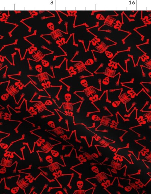 Small Bright Red Dancing Halloween Skeletons Scattered On Black Fabric