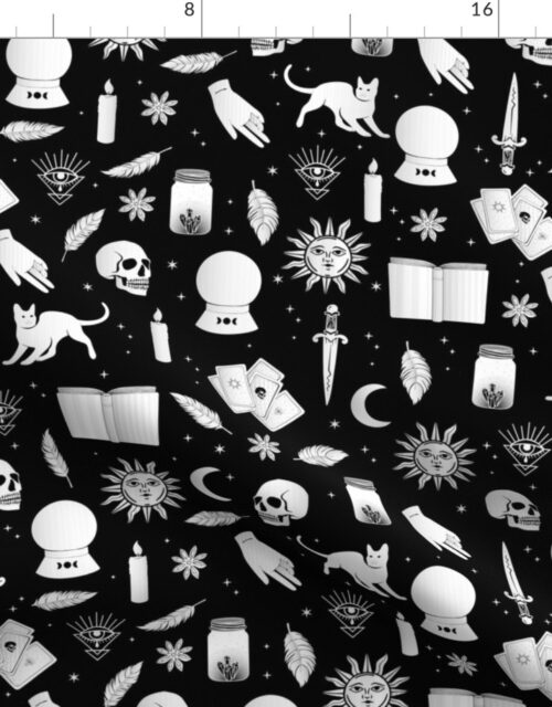 Small Bright White Halloween Motifs Skulls, Spells & Cats on Spooky Black Fabric