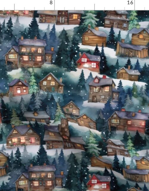 Small Christmas Christmas Rugged Country Winter Cabins Watercolor Fabric