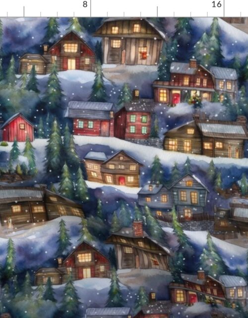 Small Christmas Christmas Rustic Village Winter Cabins Watercolor Fabric