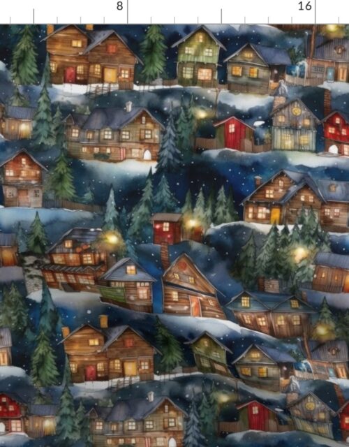 Small Christmas Christmas Rustic Winter Mountainside Cabins Watercolor Fabric