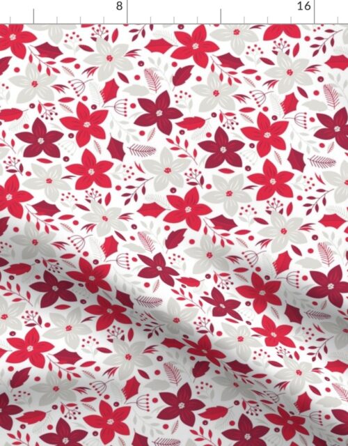 Small Christmas Red and Pale Silver Poinsettias and Holly Repeat on Snow White Fabric