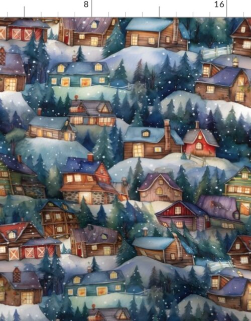 Small Christmas Rustic Country Winter Cabins Watercolor Fabric