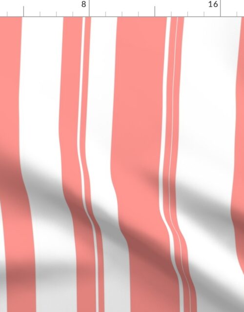 Small Coral on White Random Width Vertical Barcode Stripes Fabric